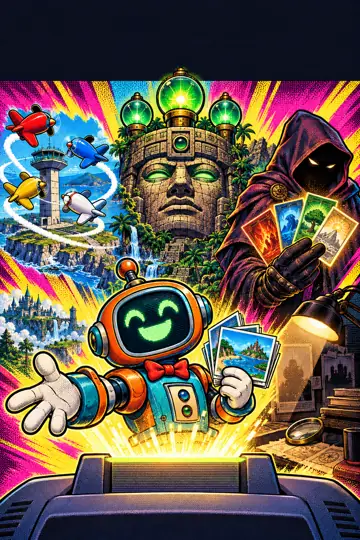 Mundos de jogos saindo de um cartucho ilustrado