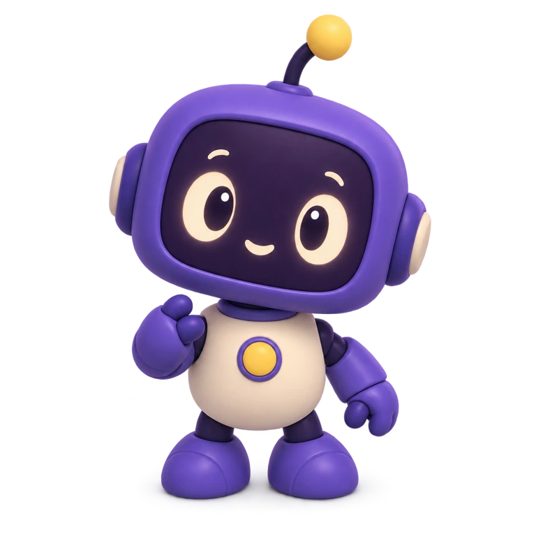 Robô roxo e creme curioso, com antena amarela